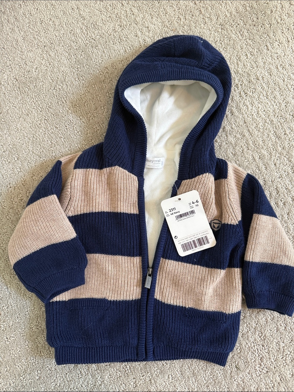 Mayoral Navy & Beige Striped Hooded Knit Jacket